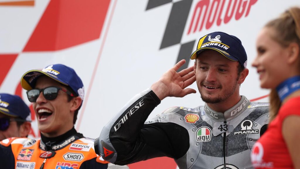 Yep, that’s for me: Jack Miller plays up the Phillip Island crowd. Picture: Robert Cianflone