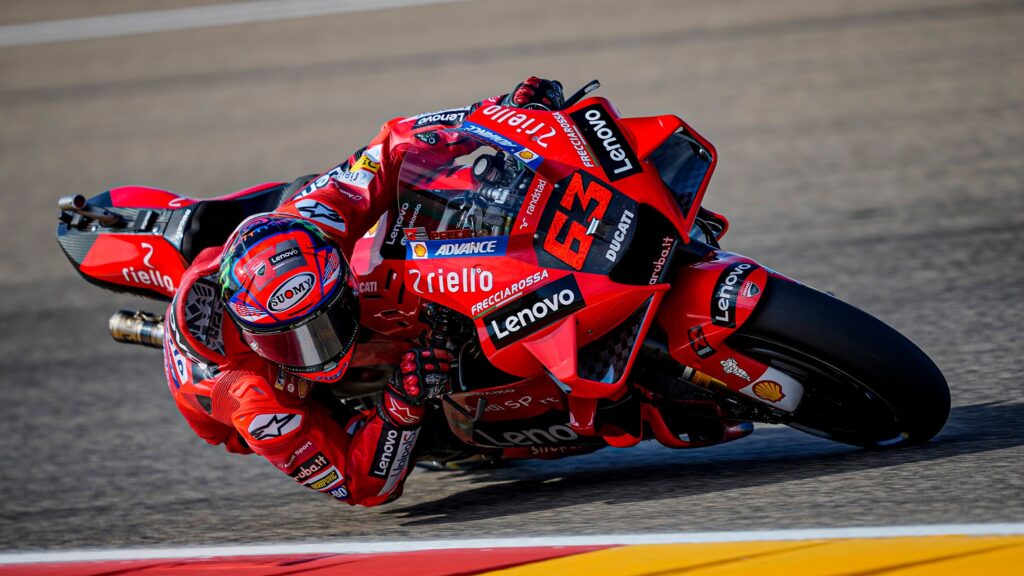Pecco Bagnaia led the warm up in Aragon