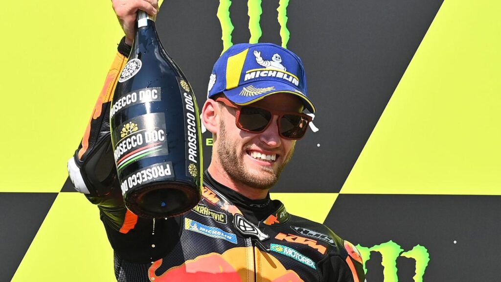 Brad Binder celebrates his win at the Czech MotoGP.