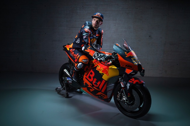 Brad Binder with Red Bull KTM's new bike for the 2021 MotoGP season