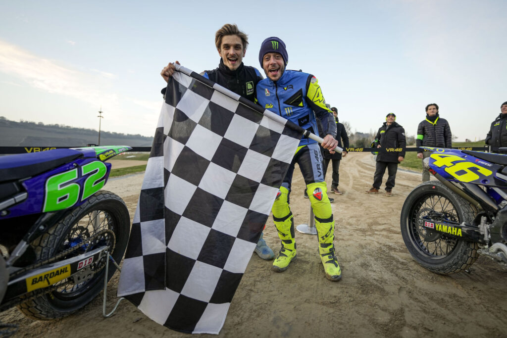 Valentino Rossi (right) and his half-brother Luca Marini (left) after winning the 100km of Champions at Rossi