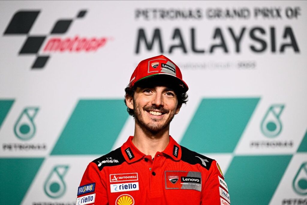 Pecco Bagnaia speaks to the press at the Malaysian GP
